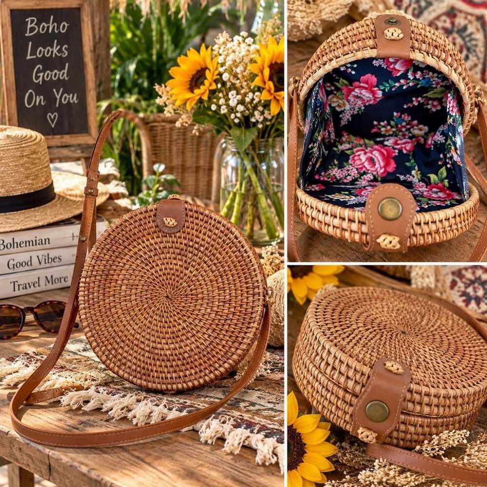 Unbranded Woven Round Crossbody Bag Floral Lining